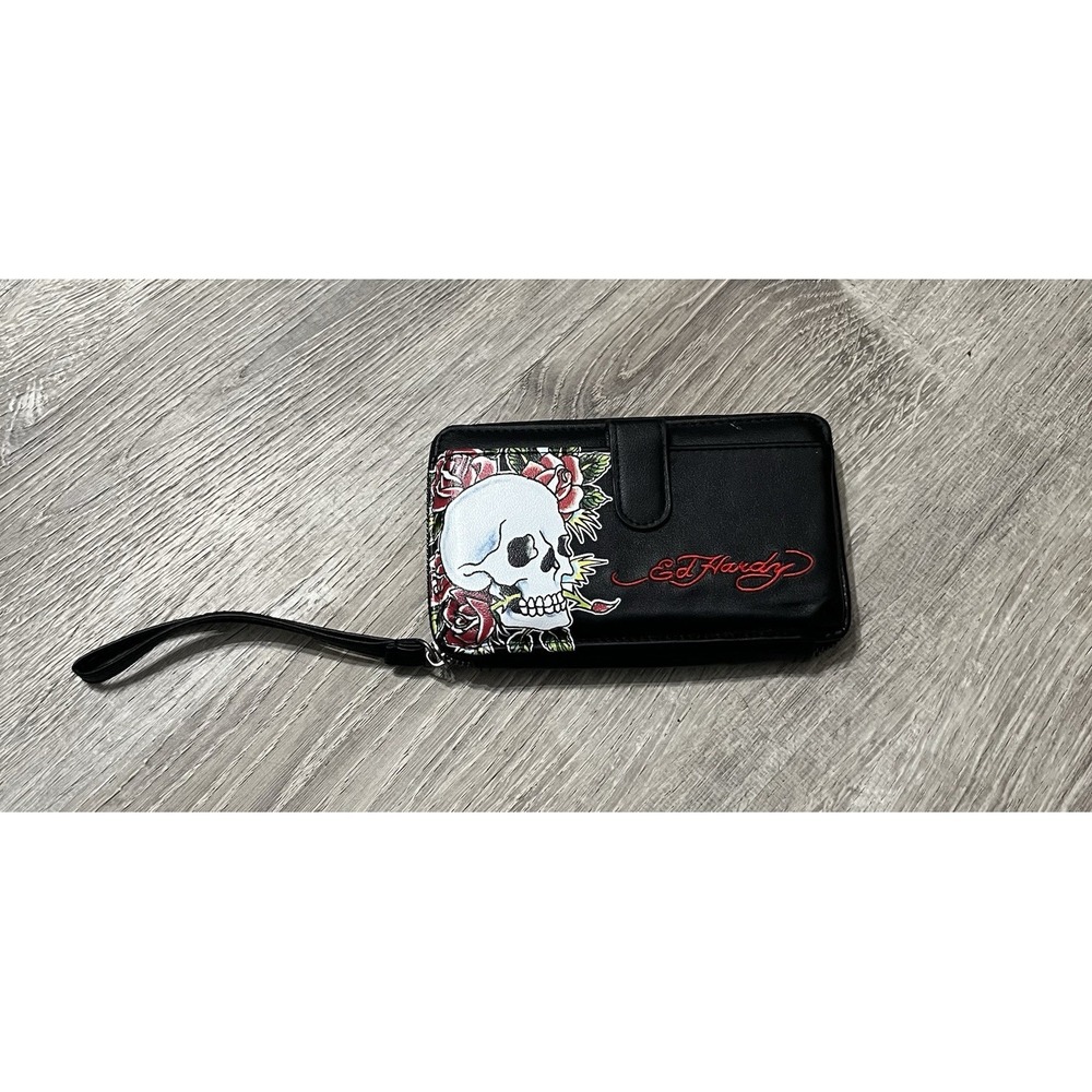 Ed Hardy Zip Around Wristlet  Rose Skull